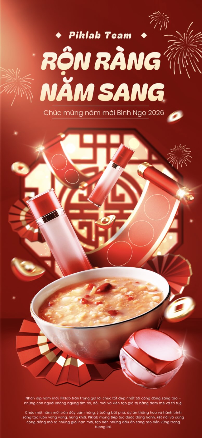Festive Lunar New Year sale banner for cosmetics and healthy porridge with traditional red background and fireworks, New Year sale banner, rộn ràng năm sang, banner tết 2026 mỹ phẩm và thực phẩm sức khỏe